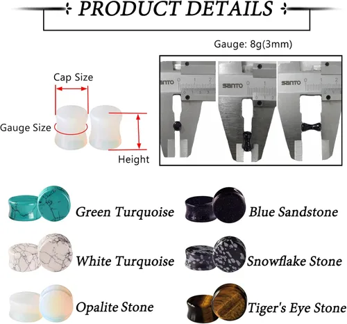 Vista 8 de Qmcandy - Juego de 6 pares / 16 pares de dilatadores para las orejas, de piedra mixta, expansores, conjunto de perforación corporal calibre 8G a 3/4
