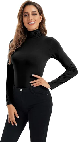 Vista 2 de Camiseta de manga larga con cuello alto para mujer, suave, elástica, capa base ajustada.