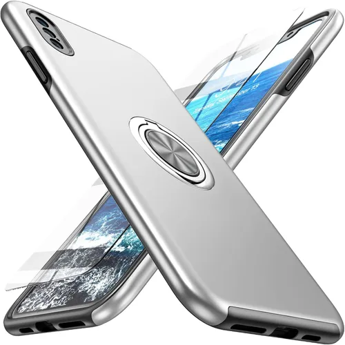 Vista 10 de Funda compatible con iPhone Xs Max con protector de pantalla de vidrio templado, funda híbrida 2 en 1, de ajuste delgado, con anillo magnético Azul