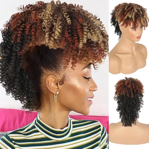 Vista 10 de Aisaide Cola de caballo afro Mohawk alta con flequillo sin cordón, extensión de cola de caballo corta rizada sin cordón, clip sintético en moño