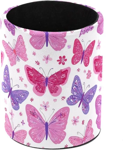 Vista 23 de Taza de PVC para escritorio, taza de lápiz rosa con mariposas para organizador de bolígrafos de escritorio, soporte para brochas de maquillaje