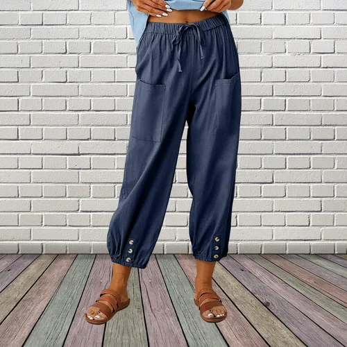 Vista 4 de ZQFFB Pantalones capri para mujer, casuales, de verano, de lino, cintura elástica, pantalones cortos con cordón