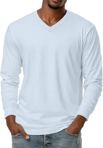Vista 19 de Camiseta para hombre, manga larga, cuello en V, color liso, informal, básica, suave, elástica, M-3XL