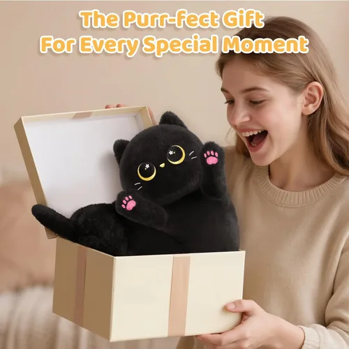 Vista 7 de Almohada larga de felpa negra ultra suave diseñada por artistas de Mewaii, con relleno extra para mayor comodidad, peluche de animal de alta