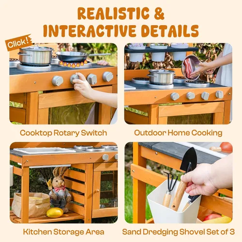 Vista 9 de ROBUD Cocina de Barro para Niños al Aire Libre, Cocina de Juego de Madera al Aire Libre, Cocina de Barro para Niños con Fregadero y Grifo