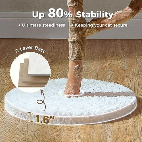 Vista 5 de MUTTROS Árbol de gato de madera con flores, torre de gato moderna con ramas de madera real, muebles de lujo boho con poste para rascar y 2 perchas