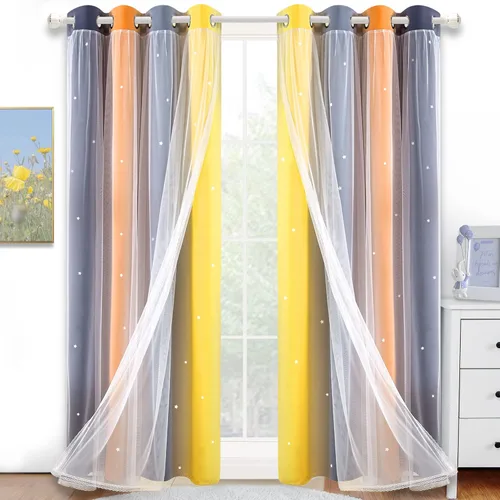 Vista 19 de Cortinas opacas con recorte de estrellas y arcoíris para guardería/habitación de niños/niñas, con superposición de tul, 2 paneles, cada una de 52