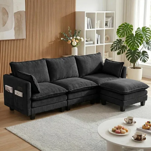 Vista 9 de Sofá modular en forma de L de 102 pulgadas con otomana, sofá de asiento profundo de felpilla de 4 asientos con almohada para sala de estar