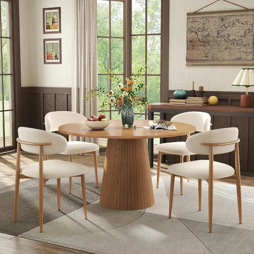 Vista 9 de Black Round Dining Table Set for 4, 47 In Kitchen Table with 4 Fabric Chair Farmhouse Circle Dinner Table with Heavy Duty Pedestal, Beige