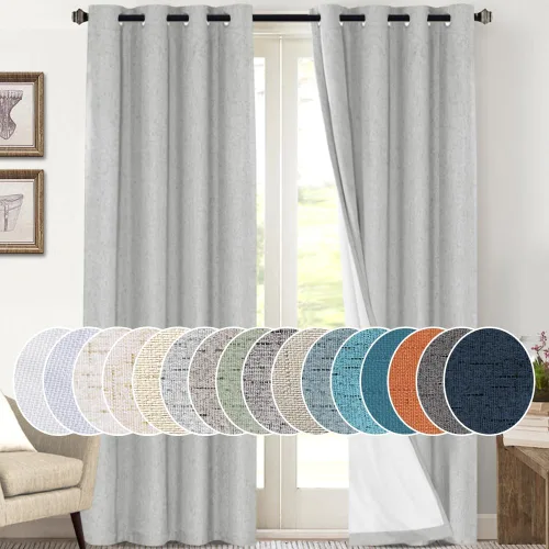 Vista 15 de Cortinas con textura de lino 100% opacas de 64 pulgadas de largo, juego de 2 paneles de cortinas de lino opacas con forro aislante térmico que Arena