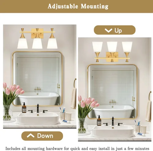 Vista 3 de Lámpara moderna de tocador de baño de 3 luces, lámparas de pared de vidrio de leche sobre el espejo, iluminación de tocador de oro cepillado