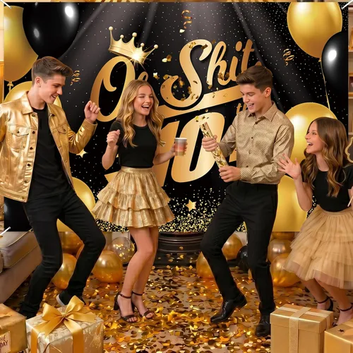 Vista 7 de Oh S*hit I'm 10th Banner telón de fondo negro dorado globos corona confeti Hallo Quince Cheers to 10 años decoración temática decoración para hombre