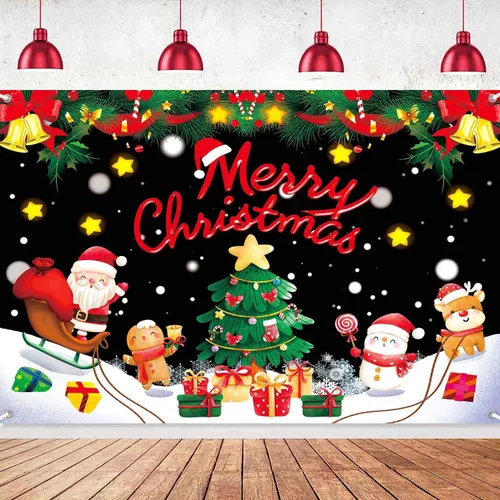 Vista 2 de Banner Telón de Fondo Feliz Navidad Suministros de Decoraciones de Fiesta Navideña de Santa Nieve Invernal Árbol de Navidad Fiesta Navideña Fondo