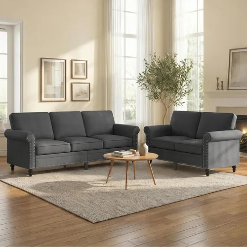 Vista 13 de Mjkone Juego de 2 Piezas para Sala de Estar, Sofás Seccionales, Juego de Sofá y Silla, Sofá Moderno de Lino con Marco de Madera y Patas