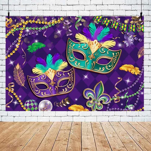 Vista 5 de MEHOFOND Telón de fondo de Mardi Gras de 7 x 5 pies, para baile de graduación, carnaval, fiesta, fotografía, fondo morado, verde, dorado, cuentas