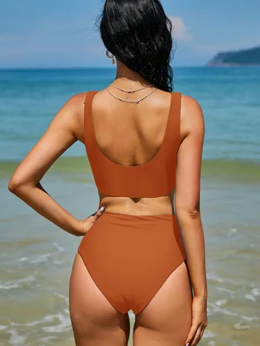 Vista 4 de ZAFUL - Traje de baño estilo bikini de dos piezas con cuello redondo y cintura alta para mujer