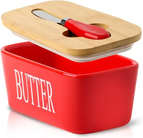 Vista 9 de Hasense Mantequillera con Tapa, Plato de Mantequilla de Cerámica con Cuchillo para Encimera, Recipiente Hermético Cubierto para Mantener Negro
