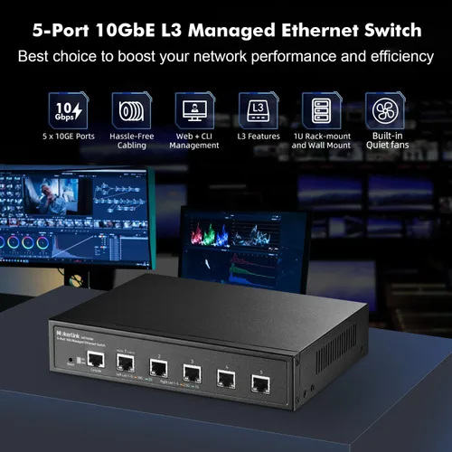 Vista 2 de MokerLink Interruptor Ethernet gestionado 10G de 5 puertos, 10G/5G/2.5G/1G auto-adaptativo, L3 Web/CLI gestionado, escritorio de metal Interruptor
