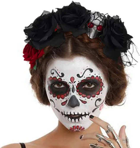 Vista 2 de Diadema de Halloween con diseño de rosas y flores, diadema para el Día de los Muertos, velo negro, diadema para mascarada, disfraz de festival