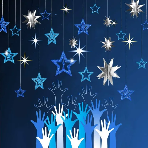 Vista 6 de Decor365 Guirnalda de estrellas azules colgantes 3D con purpurina de estrella pequeña, suministros de fiesta azul marino brillante para baby shower