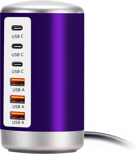 Vista 7 de Estación de carga USB de 60 W, 6 puertos (3 USB-A y 3 USB-C) compatible con iPhone 15/14/13/12/11, tabletas, teléfonos inteligentes, color negro