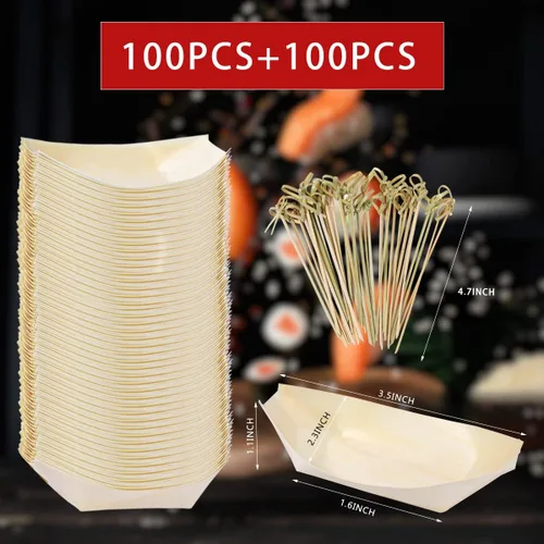 Vista 2 de WATHFKCU Plato desechable de bambú de 3.5 pulgadas para sushi, plato de aperitivo de bambú, bandeja para servir sushi, bote de hojas de madera
