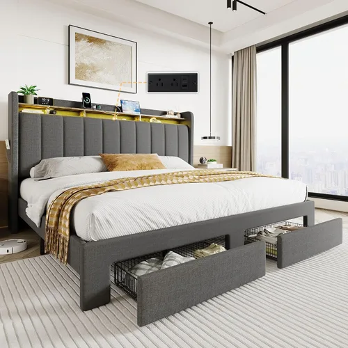 Vista 13 de SHA CERLIN Base de cama de plataforma de tamaño matrimonial con cabecera de canal vertical copetuda y 2 cajones de almacenamiento, estantes de 2