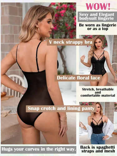 Vista 3 de Body de encaje para mujer con tiras de peluche, lencería pestañas, malla, encaje