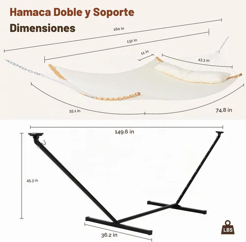 Vista 2 de SUNCREAT Hamaca doble para exteriores con soporte de 12 pies, hamacas autoportantes con soporte, beige