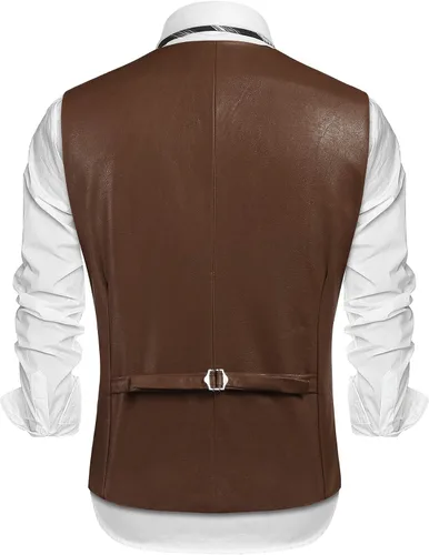 Vista 6 de COOFANDY Chaleco de traje de cuero para hombre, chaleco casual occidental, chaqueta ligera con cuello en V