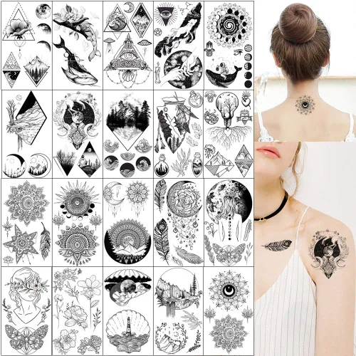 Vista 6 de GLARYYEARS Más de 150 tatuajes temporales negros pequeños, tatuajes de manos y rostros, para hombres y mujeres, diseño de serpiente, diseño
