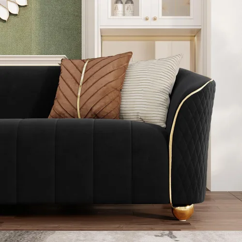 Vista 5 de Sofá de lujo de terciopelo retro de 3 plazas, cómodo sofá biplaza tapizado de terciopelo de 86 pulgadas con patas y almohadas de metal dorado, sofá