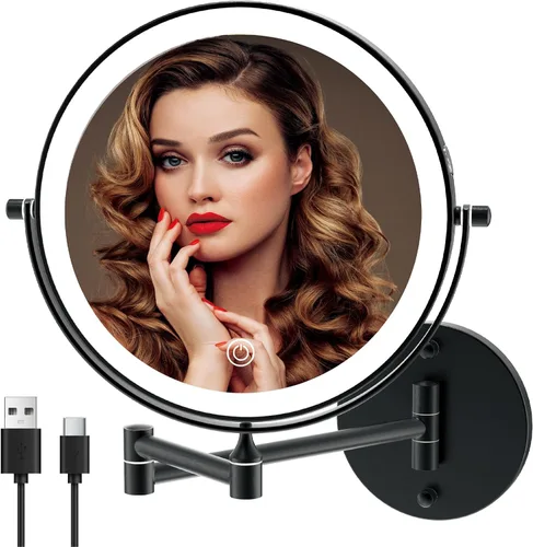 Vista 10 de Espejo de maquillaje recargable montado en la pared iluminado para el tocador de 20 centímetros de doble cara con aumento 1X 10, espejo de baño