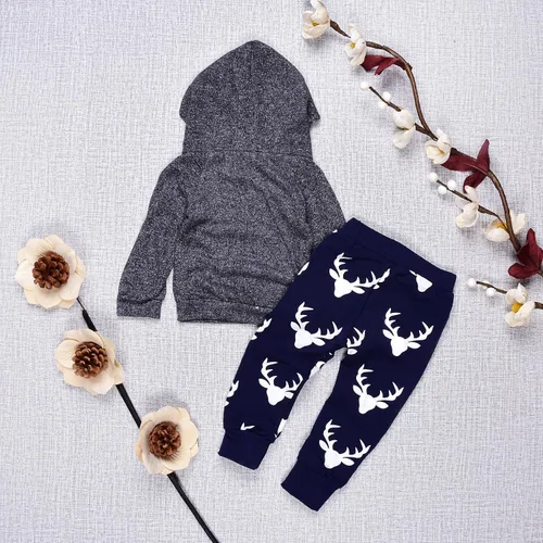 Vista 2 de Conjunto de 2 sudaderas con capucha con estampado de ciervo y bolsillo superior + pantalones largos a rayas para otoño