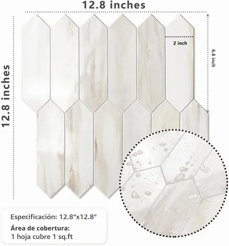 Vista 7 de Vamos Tile 1 hoja de azulejos brillantes con veta de mármol de madera para protector contra salpicaduras, despegar y pegar, azulejos de pared Grano