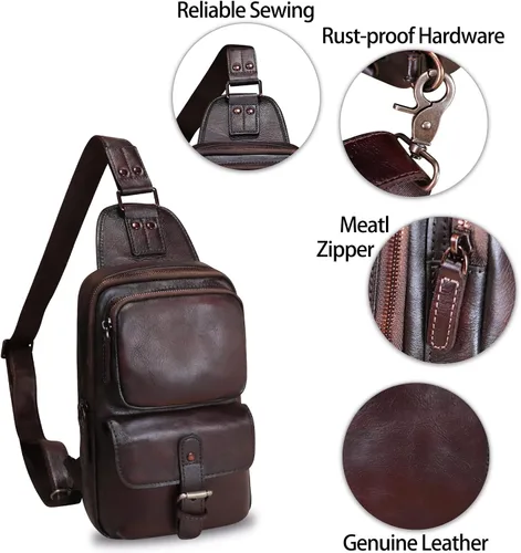 Vista 6 de LRTO Bolso bandolera de cuero genuino para motocicleta, hecho a mano, para senderismo, mochila de hombro retro, Café, Mochilas Sling