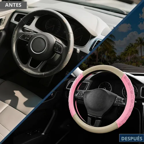 Vista 7 de Cubierta de Volante de Masaje PIC AUTO, Cubierta de Volante de Coche de Cuero Beige y Material de Patrón de Fútbol Rosa Combinado, Cubierta