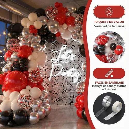 Vista 7 de Kit de arco de globos negros y rojos, guirnalda de globos plateados, globos de confeti blanco, decoración de cumpleaños, aniversario de boda