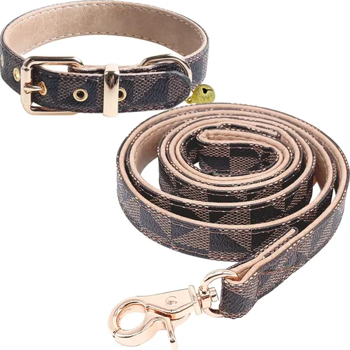 Vista 8 de Collar de cuero para perro y correa de 4 pies, collar básico ajustable con patrón de campana a cuadros, collar y correa de cuero duradero