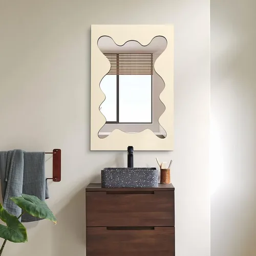 Vista 4 de Espejo de pared irregular asimétrico de 40 x 26 pulgadas, espejo decorativo con marco de madera para sala de estar, dormitorio, baño, entrada sobre