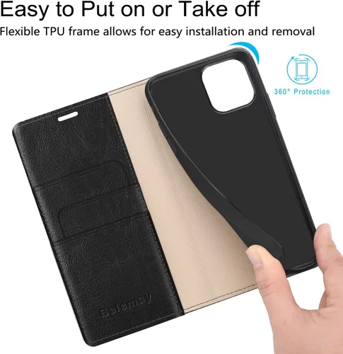 Vista 5 de Belemay Funda compatible con iPhone 14, funda tipo cartera de piel auténtica, tarjetero con bloqueo RFID, carcasa de poliuretano termoplástico a