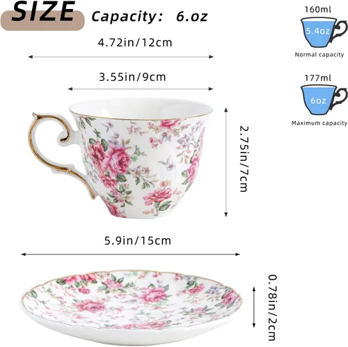 Vista 2 de Agyiuns tazas y platillos de cerámica para café, 6oz, taza de café para café, latte, café moca y té - Juego de 4 (Flores grandes - Juego de 4)
