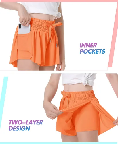 Vista 2 de QooNoo Girls Butterfly Shorts with Pocket Flowy Athletic Shorts High Waist Preppy Running Shorts for Kids Teen