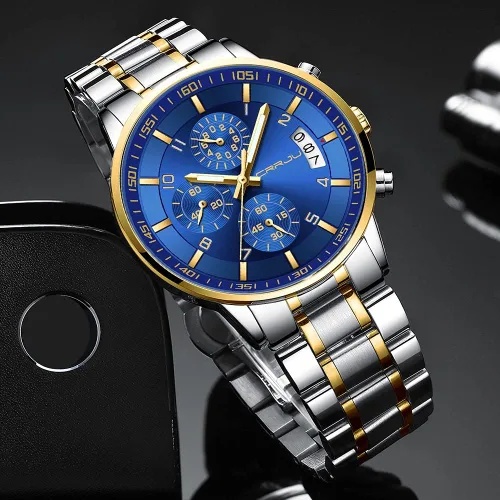 Vista 3 de CRRJU - Reloj de pulsera, de acero inoxidable para hombre, resistente al agua, cronógrafo, correa de acero inoxidable