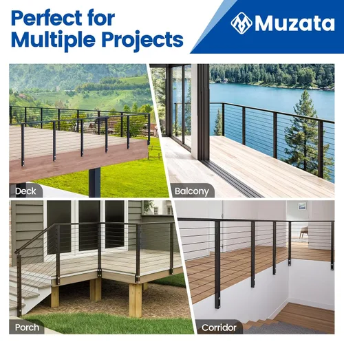 Vista 7 de Muzata Kit de barandilla de cable modular negro de 4 a 8 pies, kit de poste de 2 niveles de 36 pulgadas, sistema completo de barandilla de cable