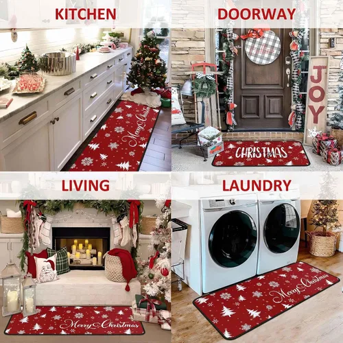 Vista 4 de Juego de 2 alfombras y tapetes de cocina de Navidad, decoraciones navideñas para el hogar, parte trasera antideslizante, tapete de cocina de Copo