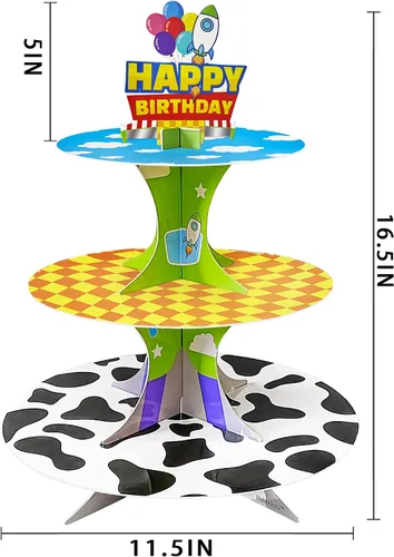 Vista 7 de Soporte para cupcakes de 3 niveles de historieta de dibujos animados, soporte de torre de postres para decoración de cumpleaños, suministros