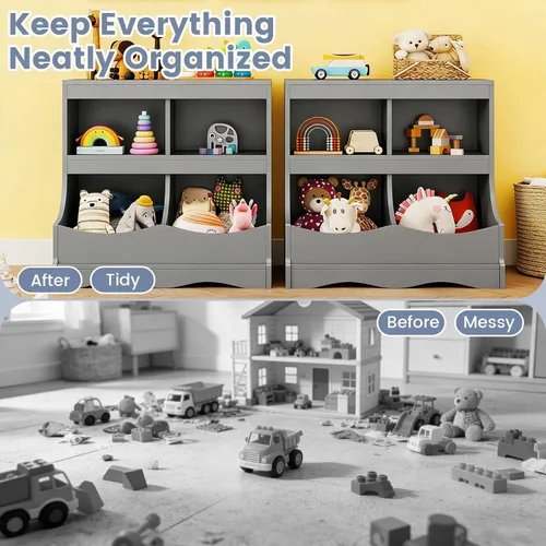 Vista 7 de Costzon Organizador de almacenamiento de juguetes, estantería para niños de 4 compartimentos con estribo y tarjeta de nombre, estantería de madera