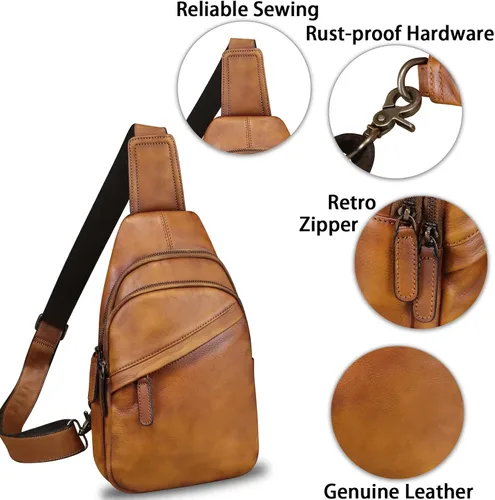Vista 5 de Bolso de cuero genuino para hombres y mujeres, mochila de cuero vintage, bolso cruzado de hombro a la moda