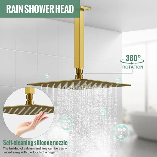 Vista 5 de SunCleanse juego de grifos con regadera tipo lluvia en oro cepillado, juego combinado para baño con cabezal de alta presión de 25.4 cm con válvulas